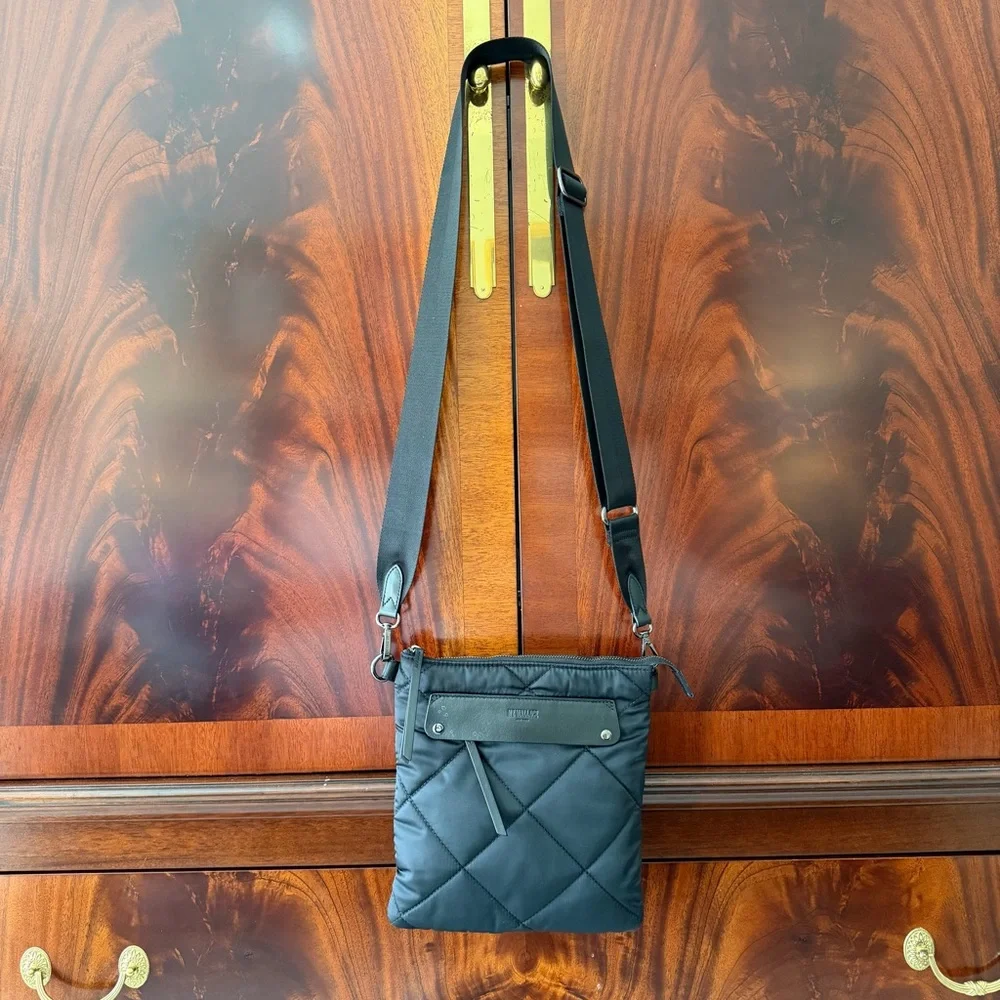 MZ Wallace Madison Flat Crossbody Black Quilted Nylon Bag